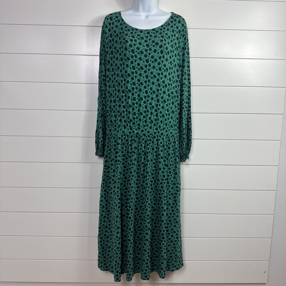 BODEN Midi Dress Knit Jersey Long Sleeve Green Navy Blue Floral Print sz 14